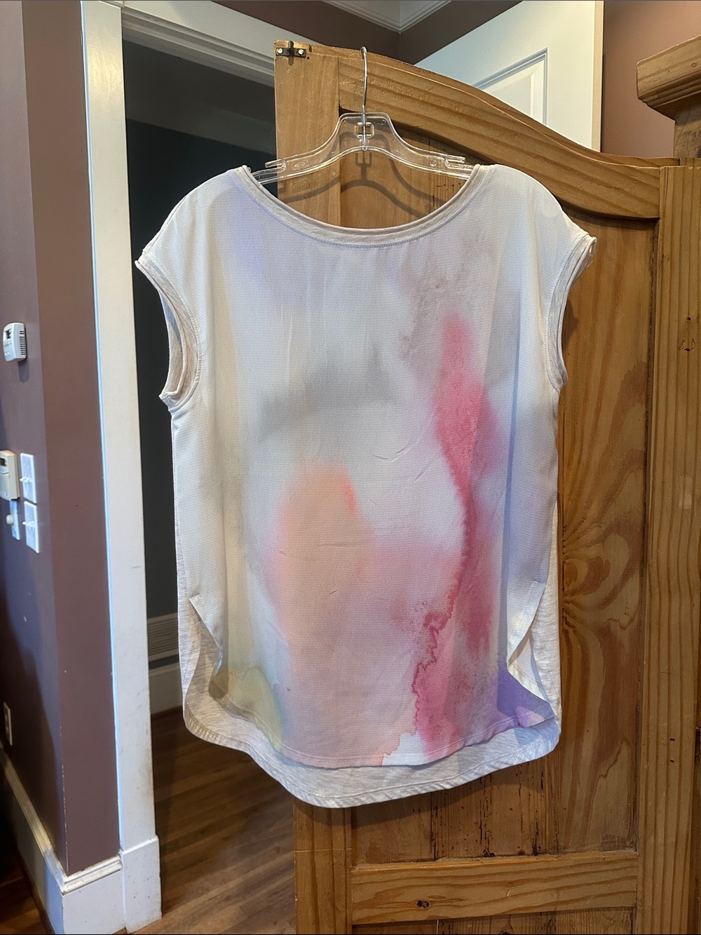 Anthropologie White Tank Top with Pink and Peach Watercolor Print